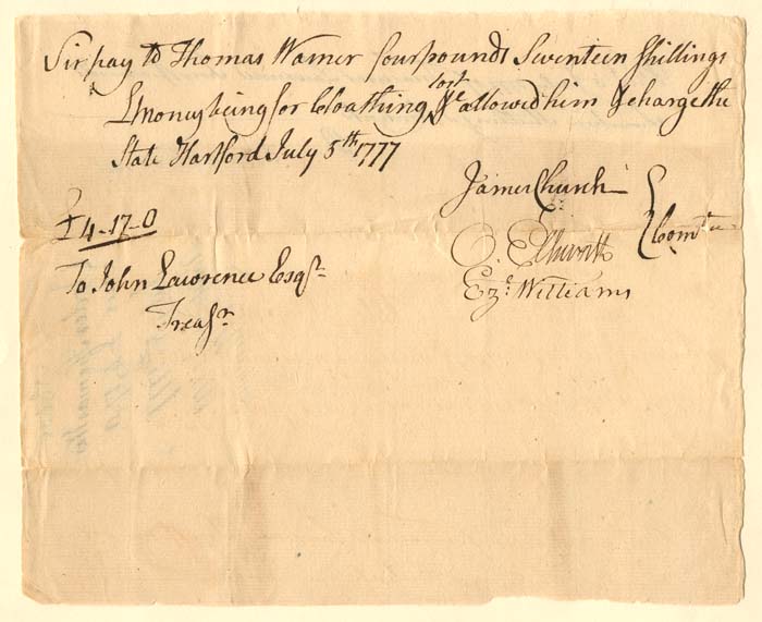 Oliver Ellsworth signed Revolutionary War 1777 dated Pay Order